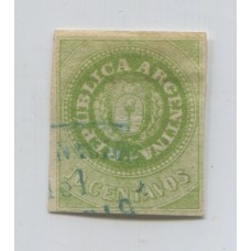 ARGENTINA 1862 GJ 08 ESCUDITO DE 10 Cts. DE COLOR VERDE AMARILLO MATASELLO ROSARIO HERMOSA ESTAMPILLA CON SUS 4 MARGENES Y LIBRE DE FALTAS U$ 88